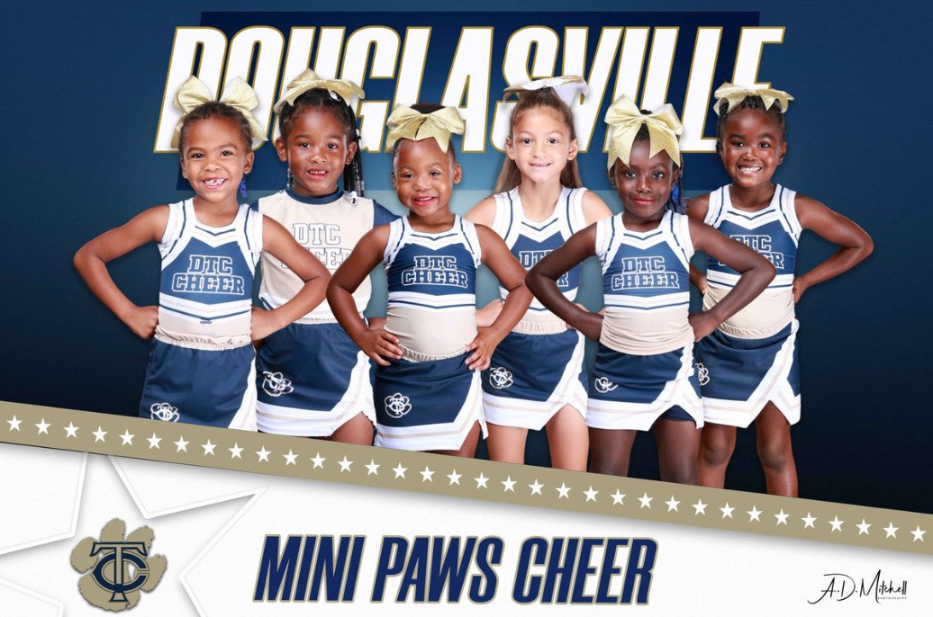 Group of young cheerleaders in matching uniforms with 'Douglasville' and 'Mini Paws Cheer' text on a blue and white background.