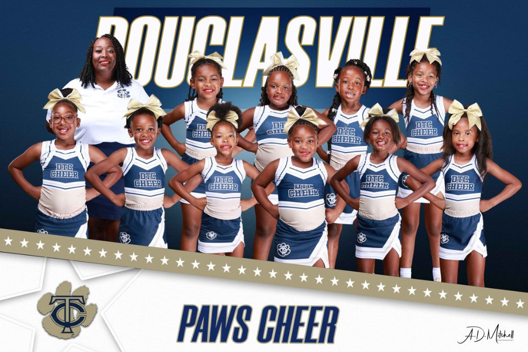 Group photo of a cheerleading team with 'Douglasville' and 'Paws Cheer' text on a blue background.