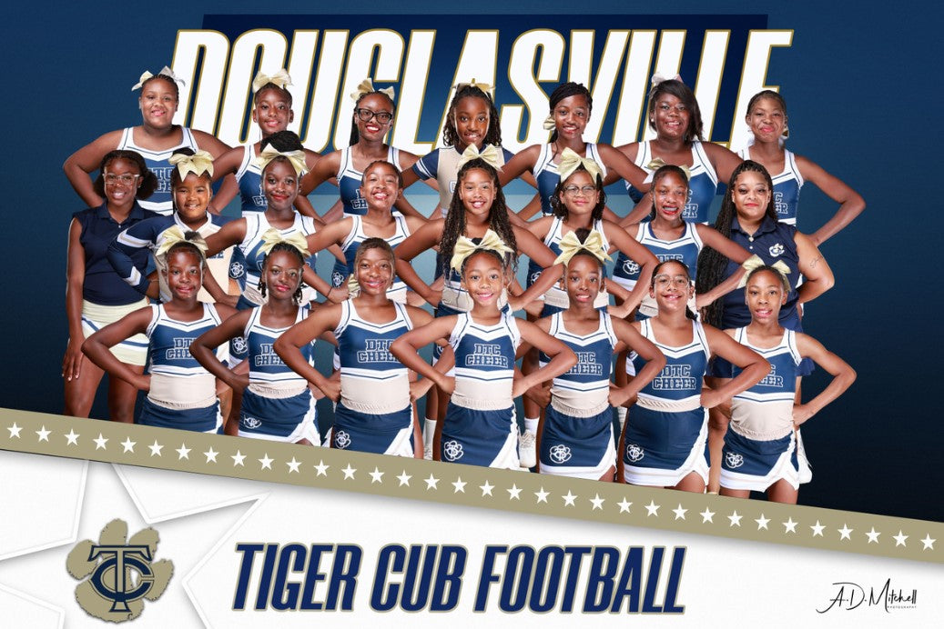 Douglasville Tiger Cubs cheer squad in navy and gold uniforms posing on the field
