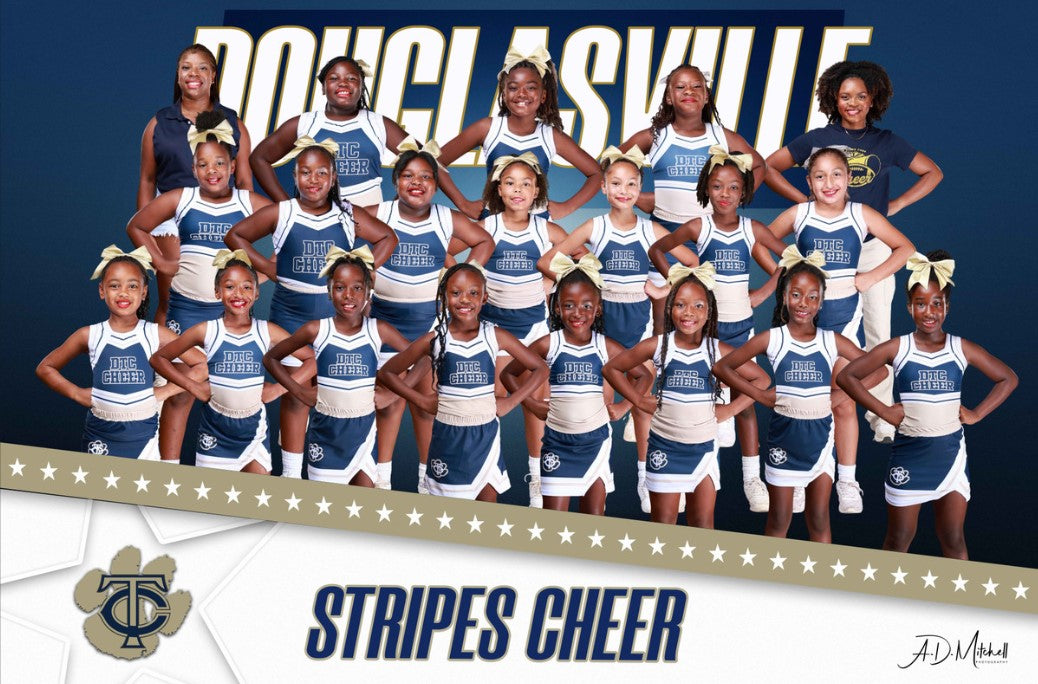 Group photo of a cheerleading team in blue and white uniforms with 'Douglasville Stripes Cheer' text.